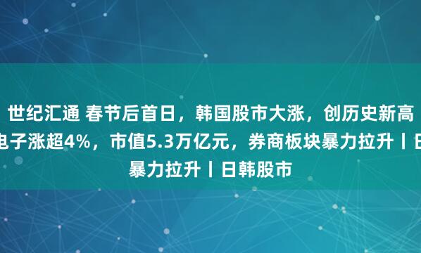 世纪汇通 春节后首日，韩国股市大涨，创历史新高！三星电子涨超4%，市值5.3万亿元，券商板块暴力拉升丨日韩股市